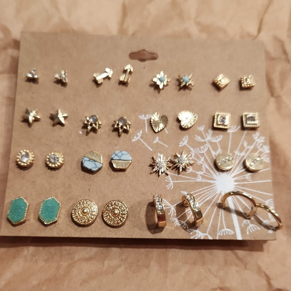 Gold-Tone Earring Set with Turquoise and White Accents